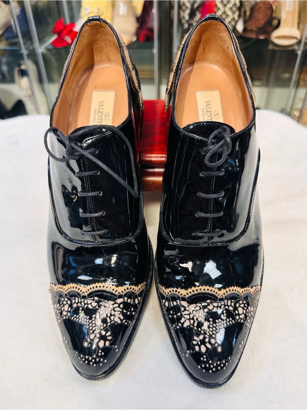 Valentino Garavani Black Patent Leather Lace-Trim Lace-Up Boots size 38.5